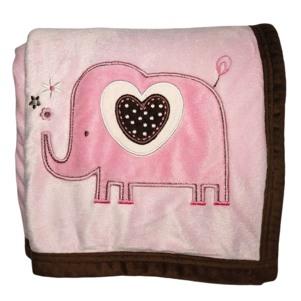 SL Home Fashions 119741 Pink Elephant Brown‎ Trim Baby Girl Blanket Sherpa Heart